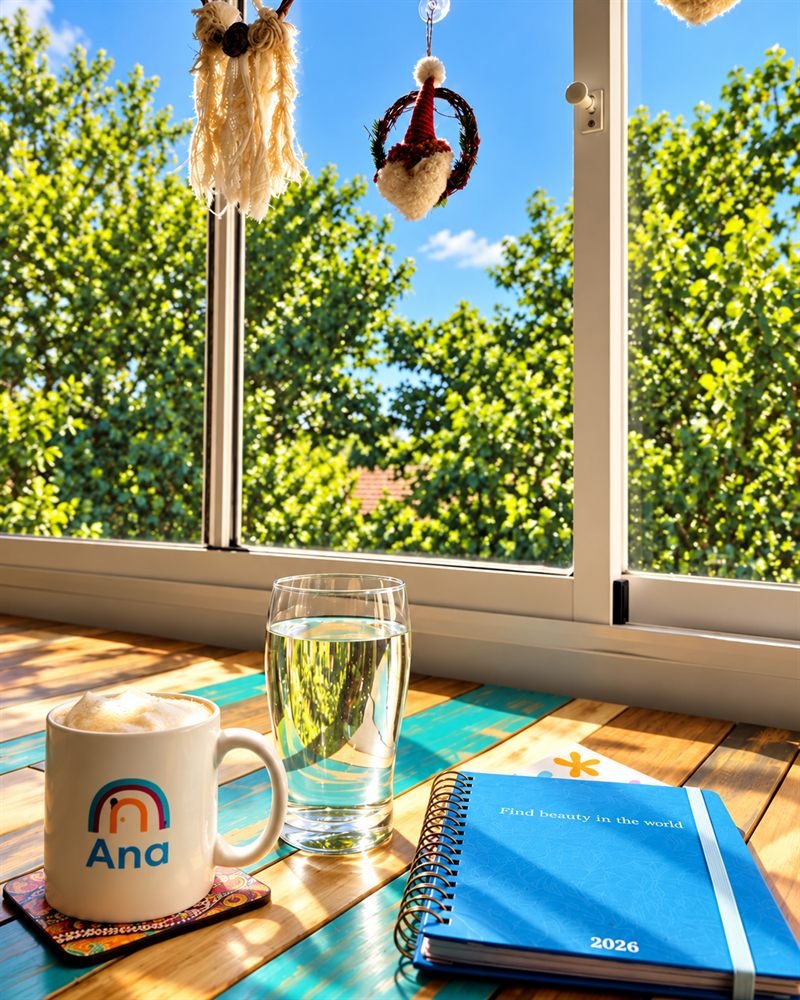 Una mesa junto a una ventana luminosa, con una taza con el arcoíris, un vaso de agua y una agenda azul