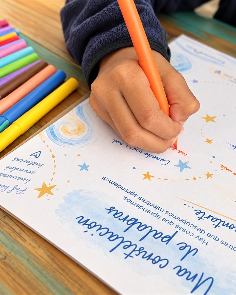 La mano de un niño escribiendo con un marcador naranja en una hoja «Una constelación de palabras», junto a marcadores de colores