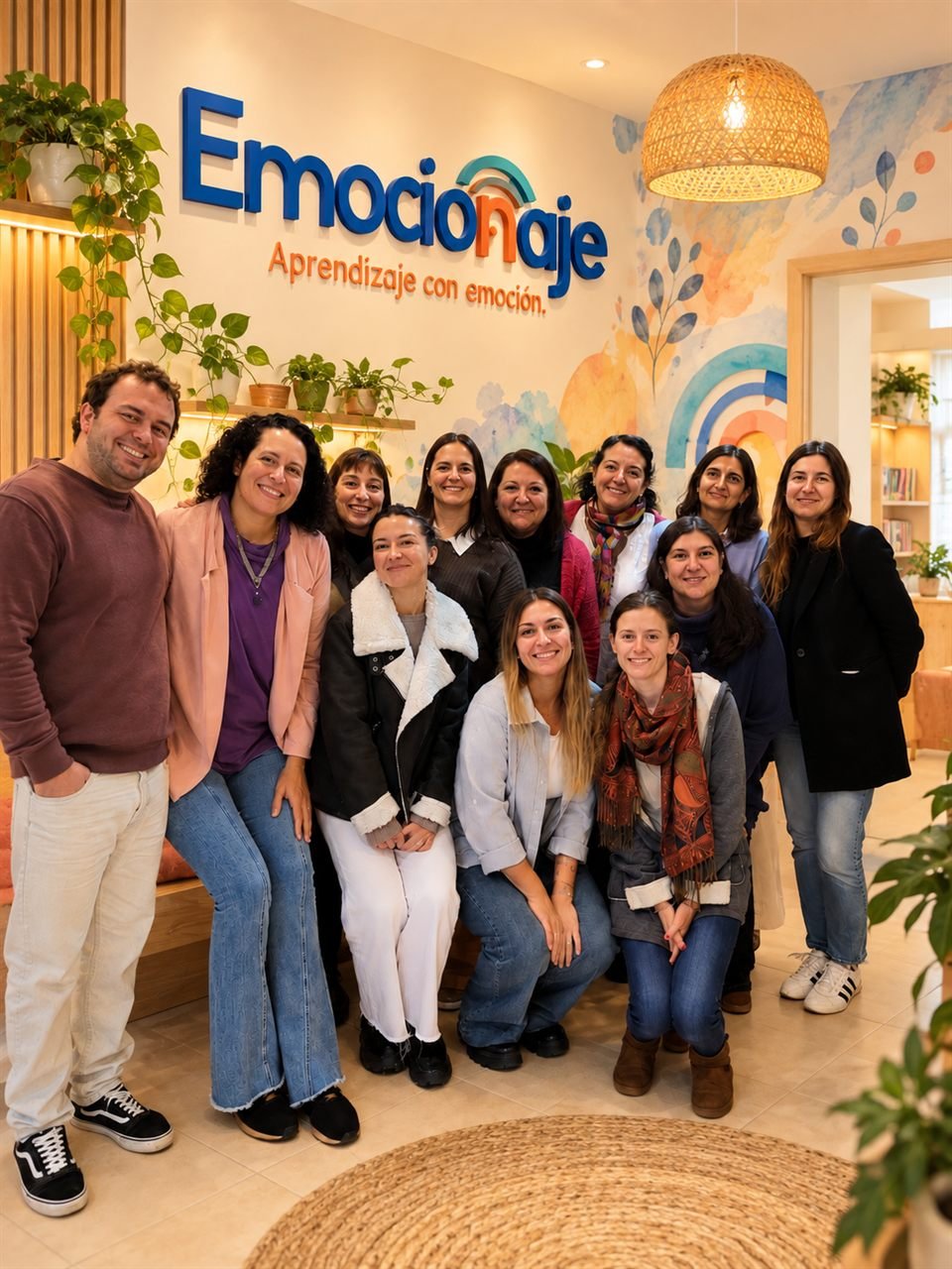 El equipo de Emocionaje reunido y sonriendo frente al cartel de la marca