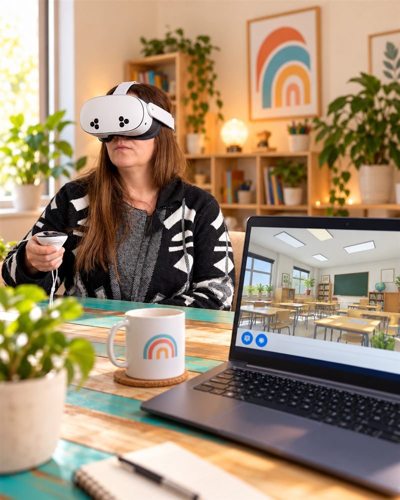 Una persona adulta con lentes de realidad virtual frente a una computadora que muestra un aula virtual