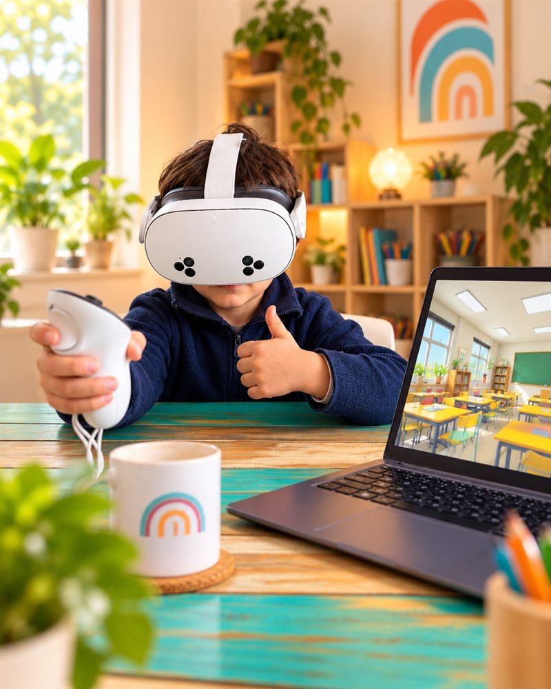 Un niño con lentes de realidad virtual y un control en la mano, sentado a una mesa; en la computadora se ve un aula virtual